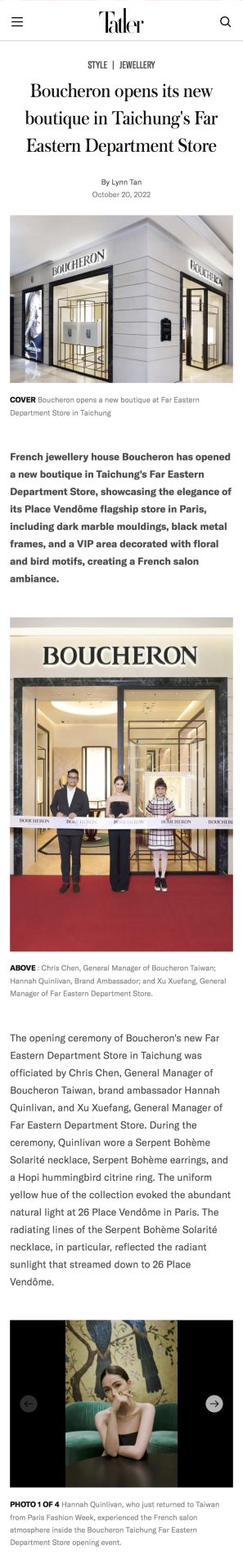Publication de sur le site tatler évoquant l'ouverture de la boutique Boucheron de Taichung.
