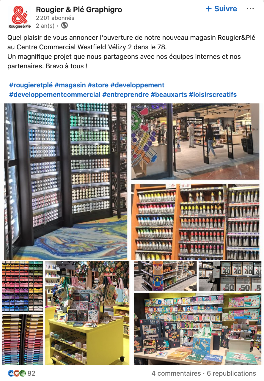 Communication Linkedin concernant l'ouverture du magasin Rougier&Plé de Vélizy.