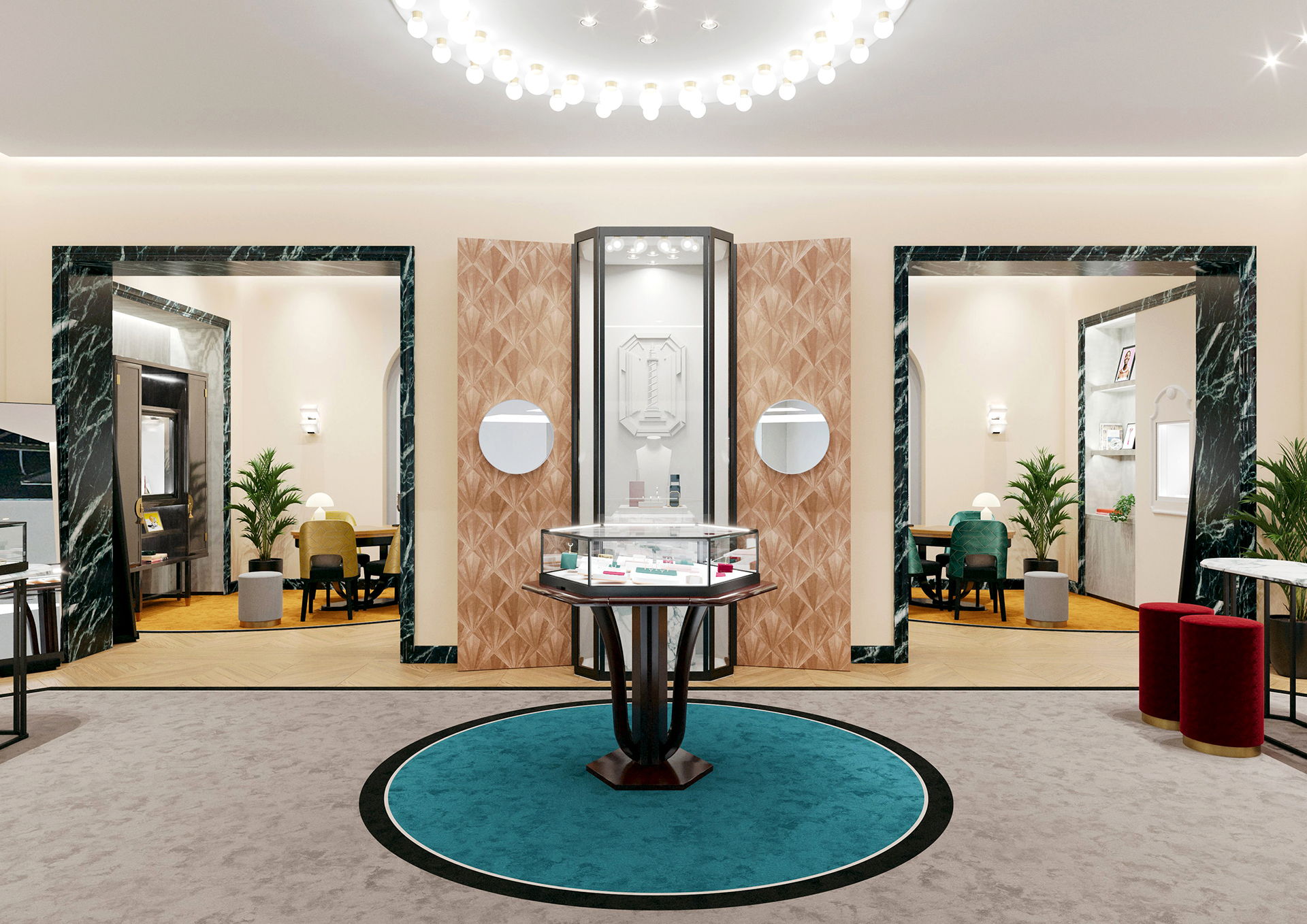 La vitrine en forme de diamant siège au milieu du tapis rond bleu à l'enstrée de la bijouterie luxe Boucheron à Abu Dhabi.