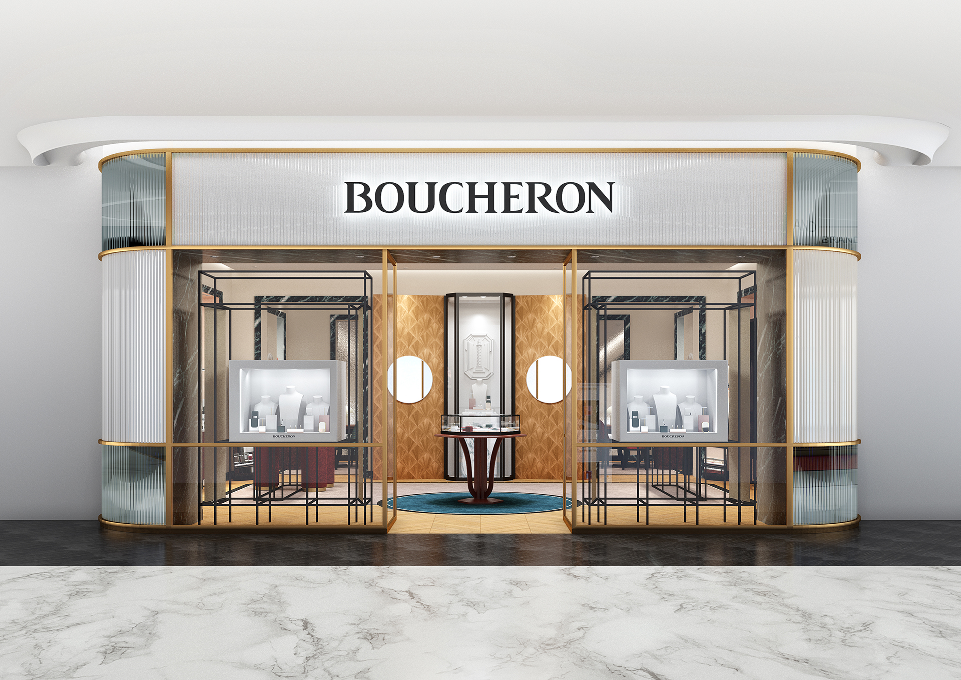 La façade aux encadrements dorés et à l'habillage strié de la joaillerie Boucheron à Chengdu.
