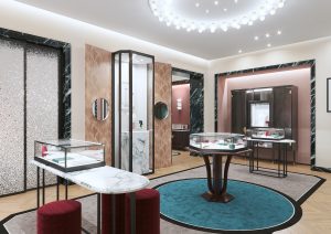 Le cabinet en bois est mise en avant dans la niche à la tapisserie rose dans la boutique BOucheron de Chongqing