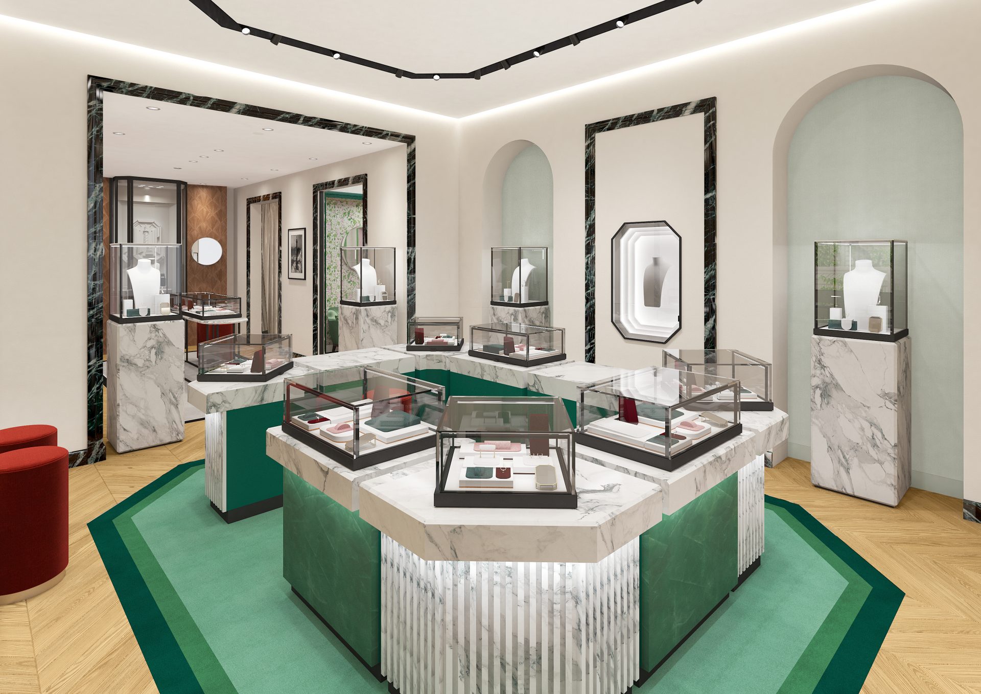 Le comptoir en forme d'émeraude occupe l'espace centralde la boutique Boucheron de Sanya Haitang.