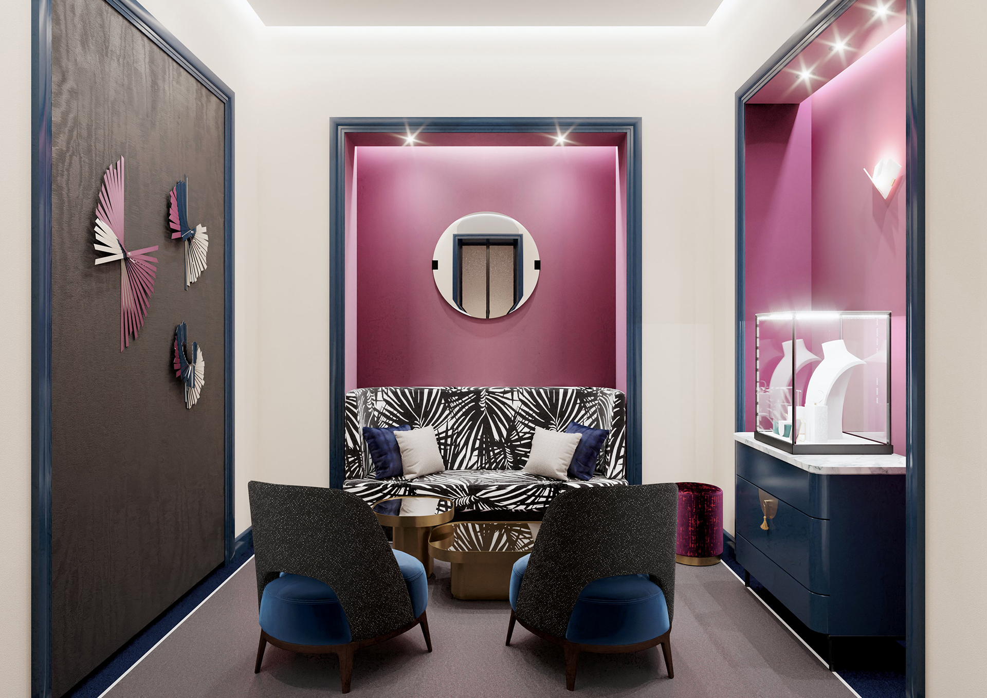 Le canapé au tissus feuillage blanc et noir face à deux fauteuils dans l'espace VIP de la boutique Boucheron de Miami.