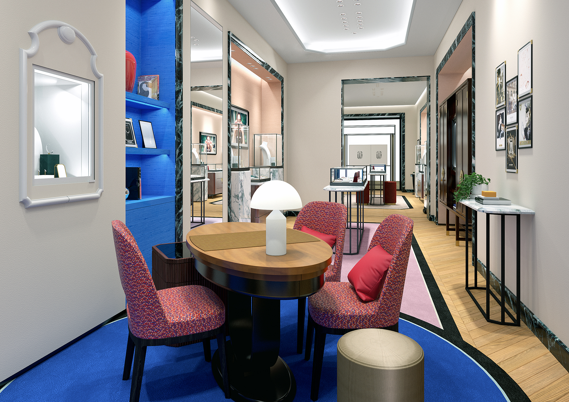 L'espace de vente décorés de couleurs dominantes bleu et rouge dans la joaillerie Boucheron de Mall of Emirates.