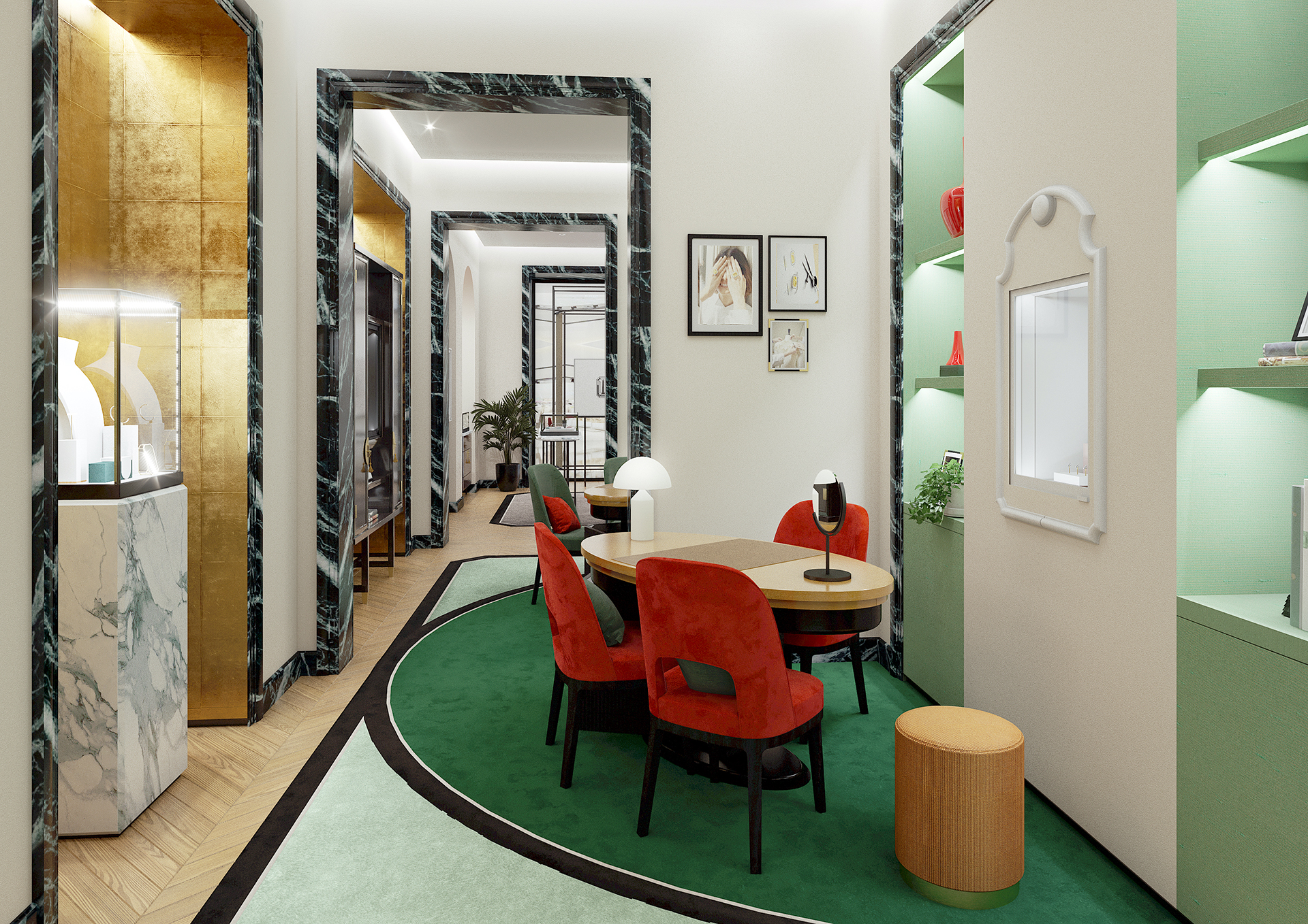 Des feuilles d'or habille les niches de l'espace de vente coloré de la boutique Boucheron de NAnjing.