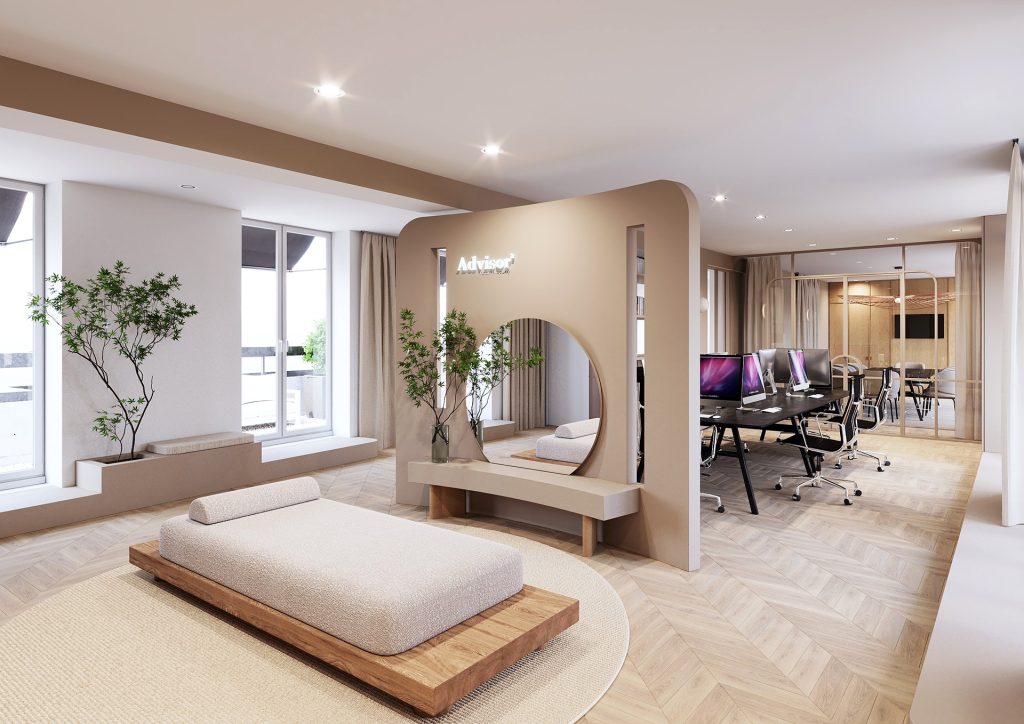 L'espace intérieur moderne des bureaux de la société Advisor 2 à Paris.