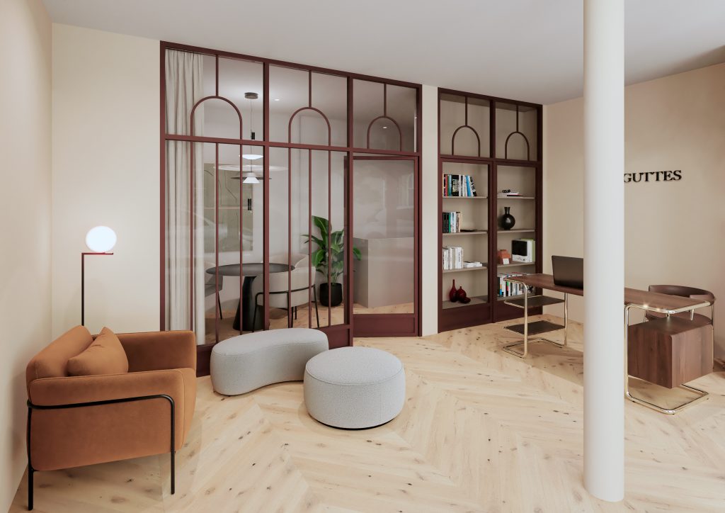 La grande verrière de couleur marron sépare les 2 pièces des bureaux de l'entreprise Aguttes spécialisée dans la vente au enchères.
