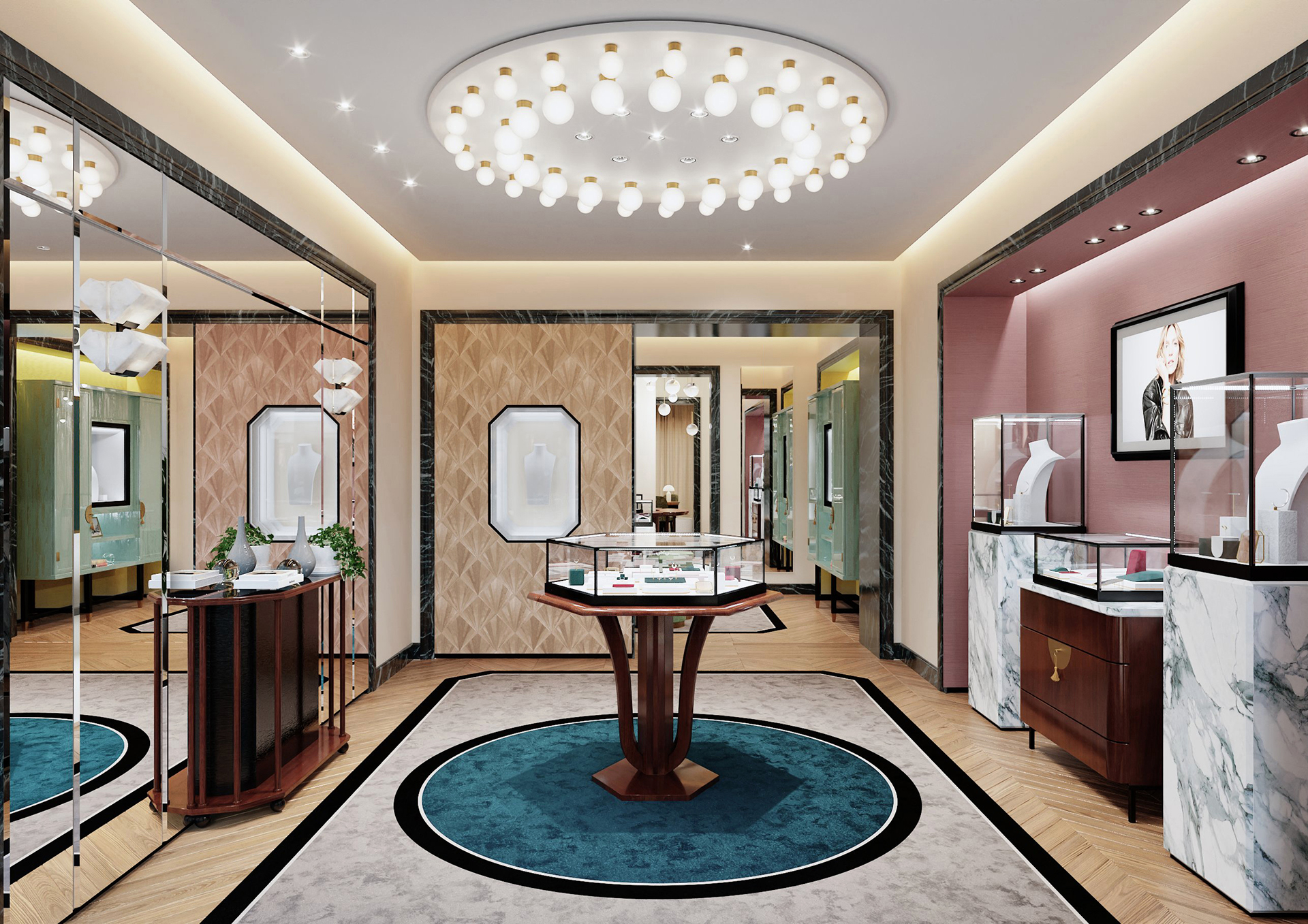 Intérieur avec vitrines, accents de marbre, tapis rond et éclairage moderne, projet d'architecture retail de luxe.