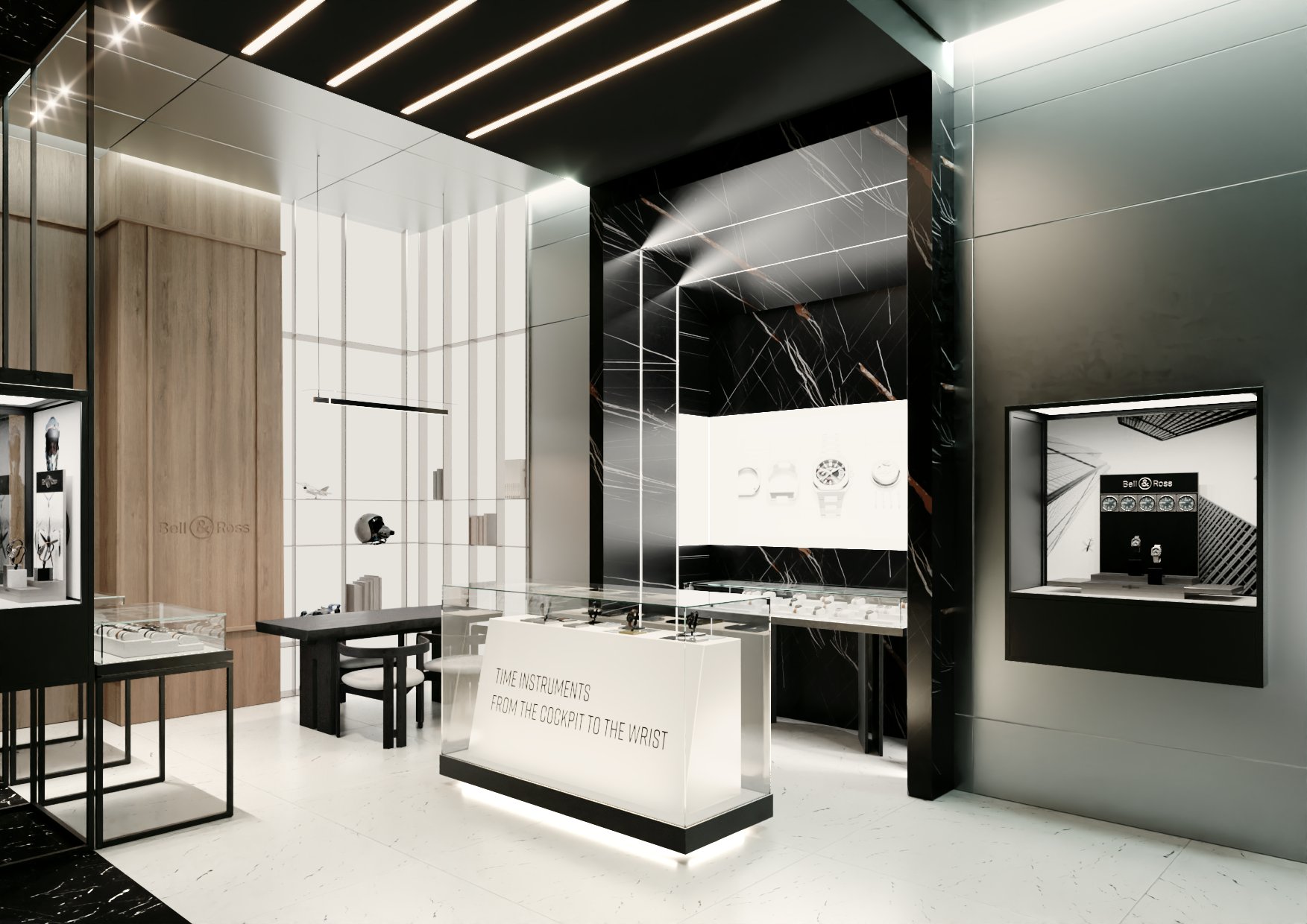 Intérieur moderne avec vitrines en verre, murs noirs et blancs, éclairage éclatant, projet d'architecture retail de luxe.