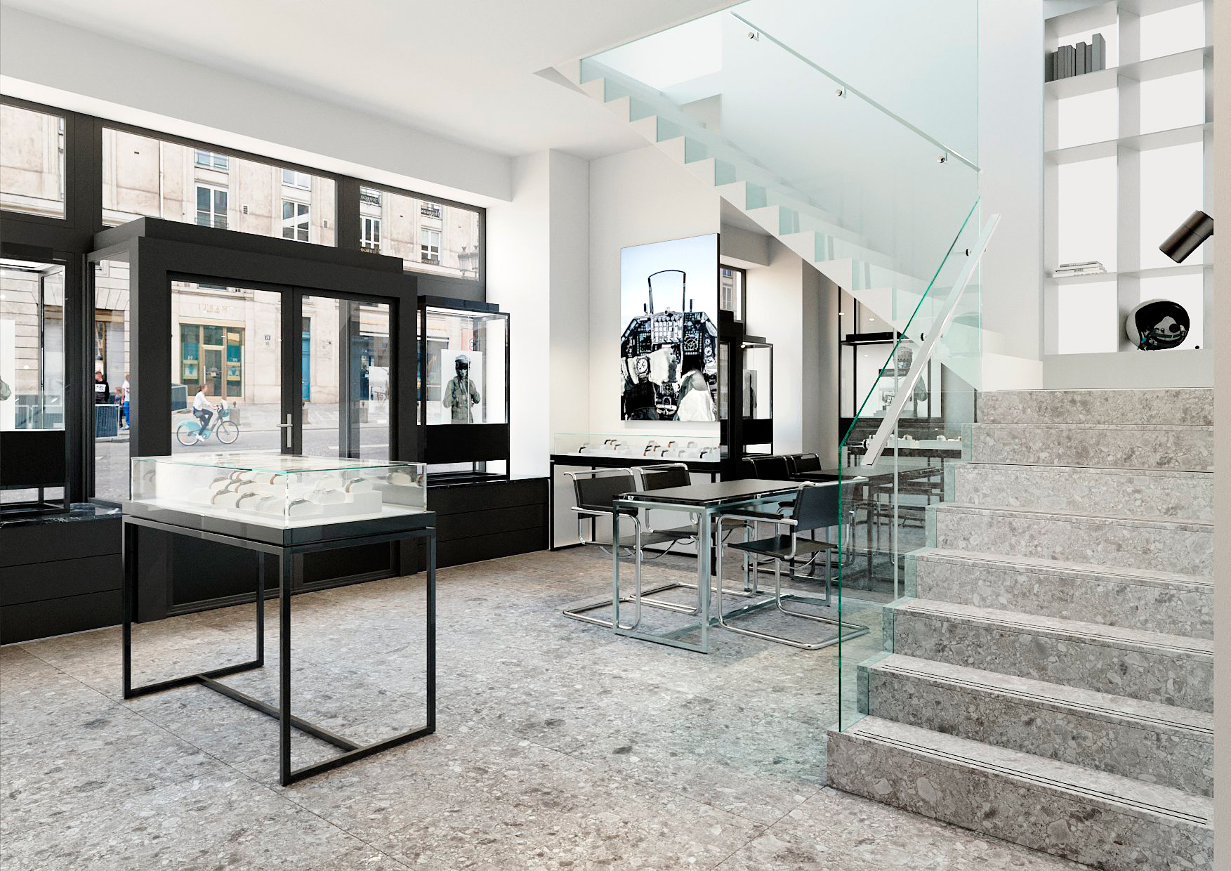 L'intérieur de la boutique d'horlogerie masculine de luxe Bell&Ross à Paris composé de marbre et déléments de mobilier noir.
