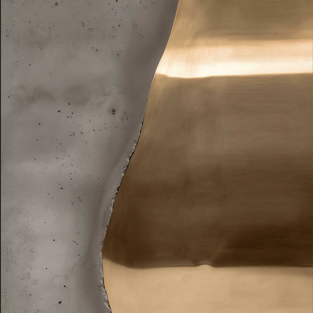 Gros plan sur la séparation de deux textures : l'une en métal doré, l'autre en béton lissé.
