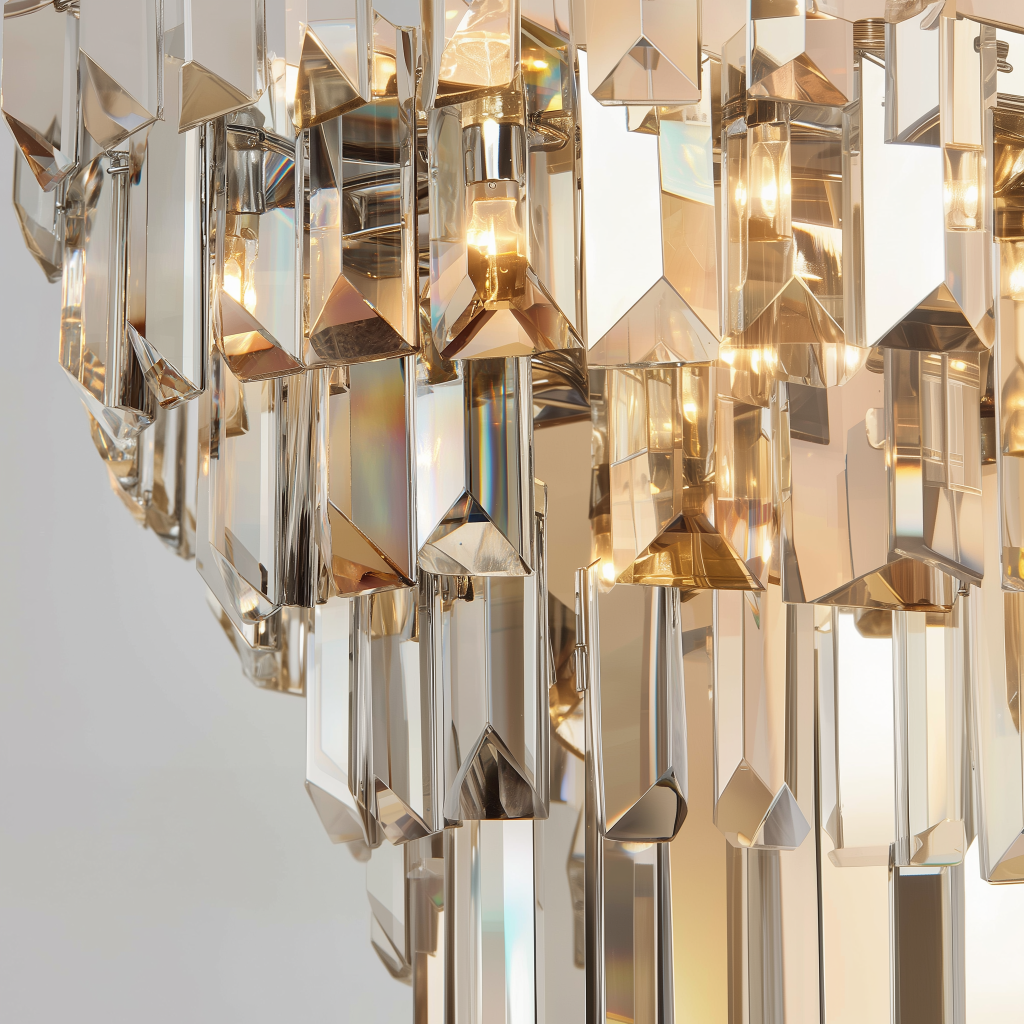 Gros plans les cristaux d'un luxueux luminaire suspendu.