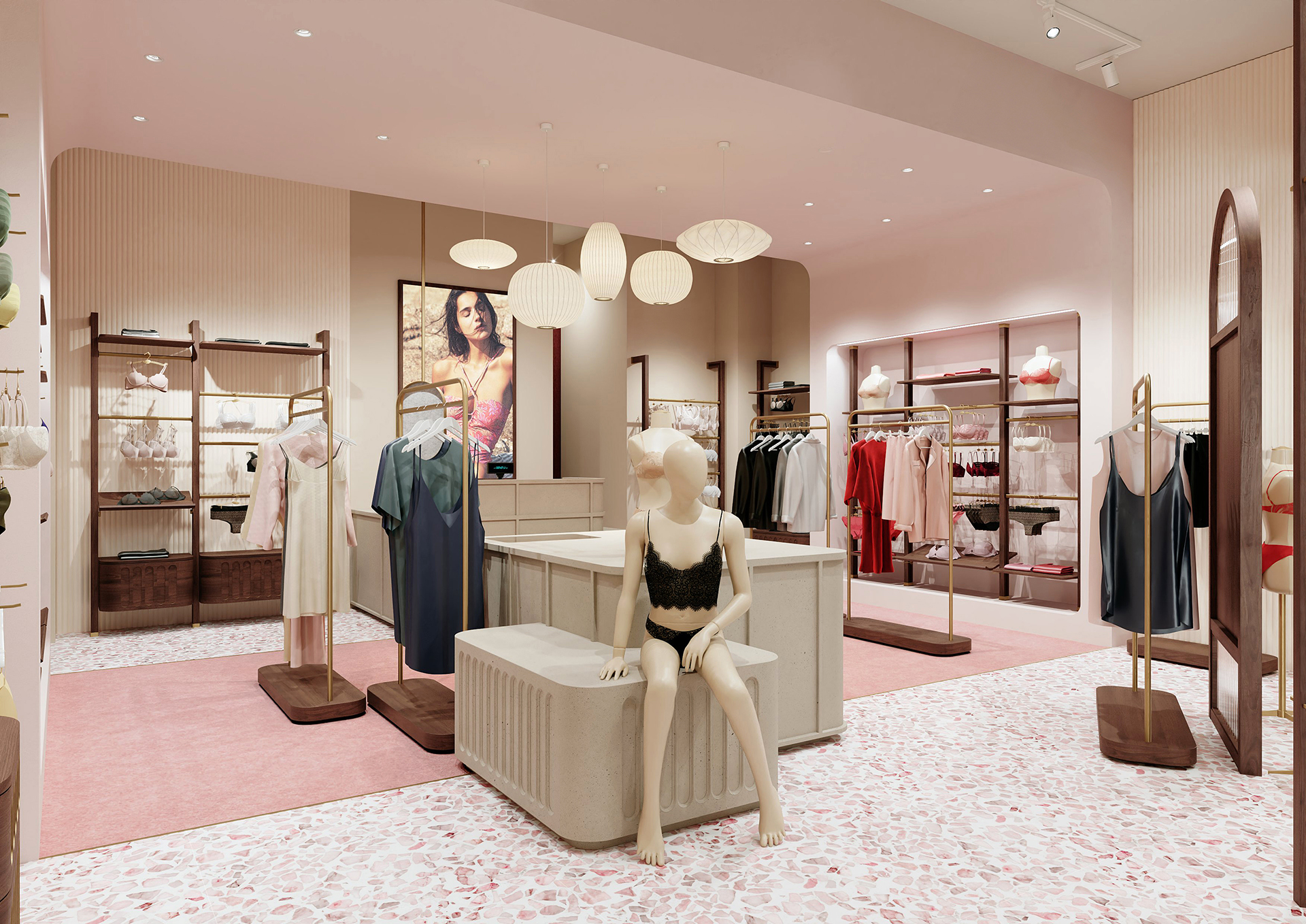Un espace entièrement rose du sol au plafond sépare l'intérieur de la boutique Simone Pérèle à Dubaï.