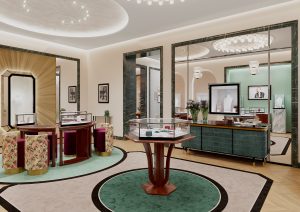 Intérieur moderne avec vitrines, tables rondes et chaises fleuries dans la boutique Boucheron de Seoul.