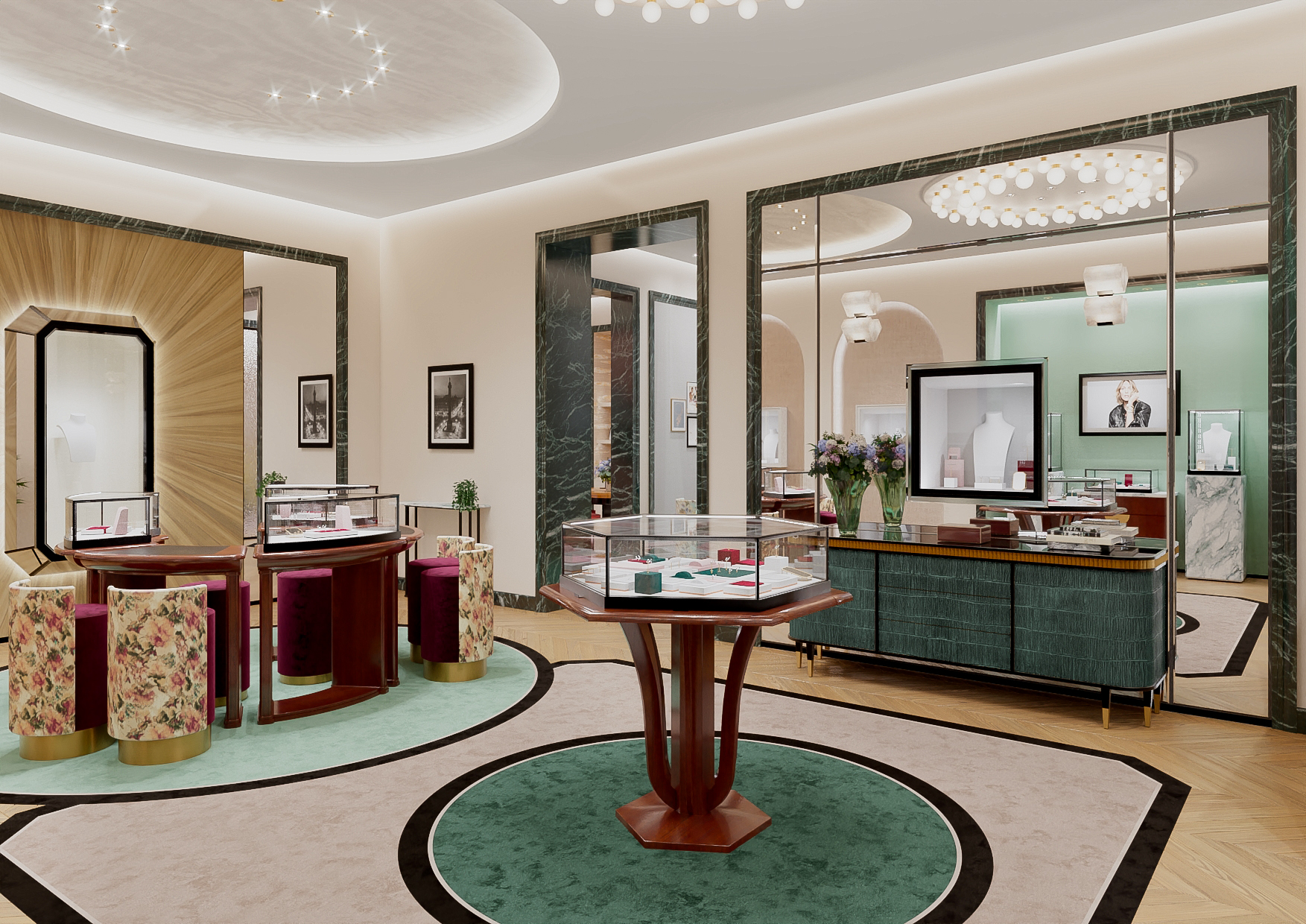 Intérieur moderne avec vitrines, tables rondes et chaises fleuries dans la boutique Boucheron de Seoul.
