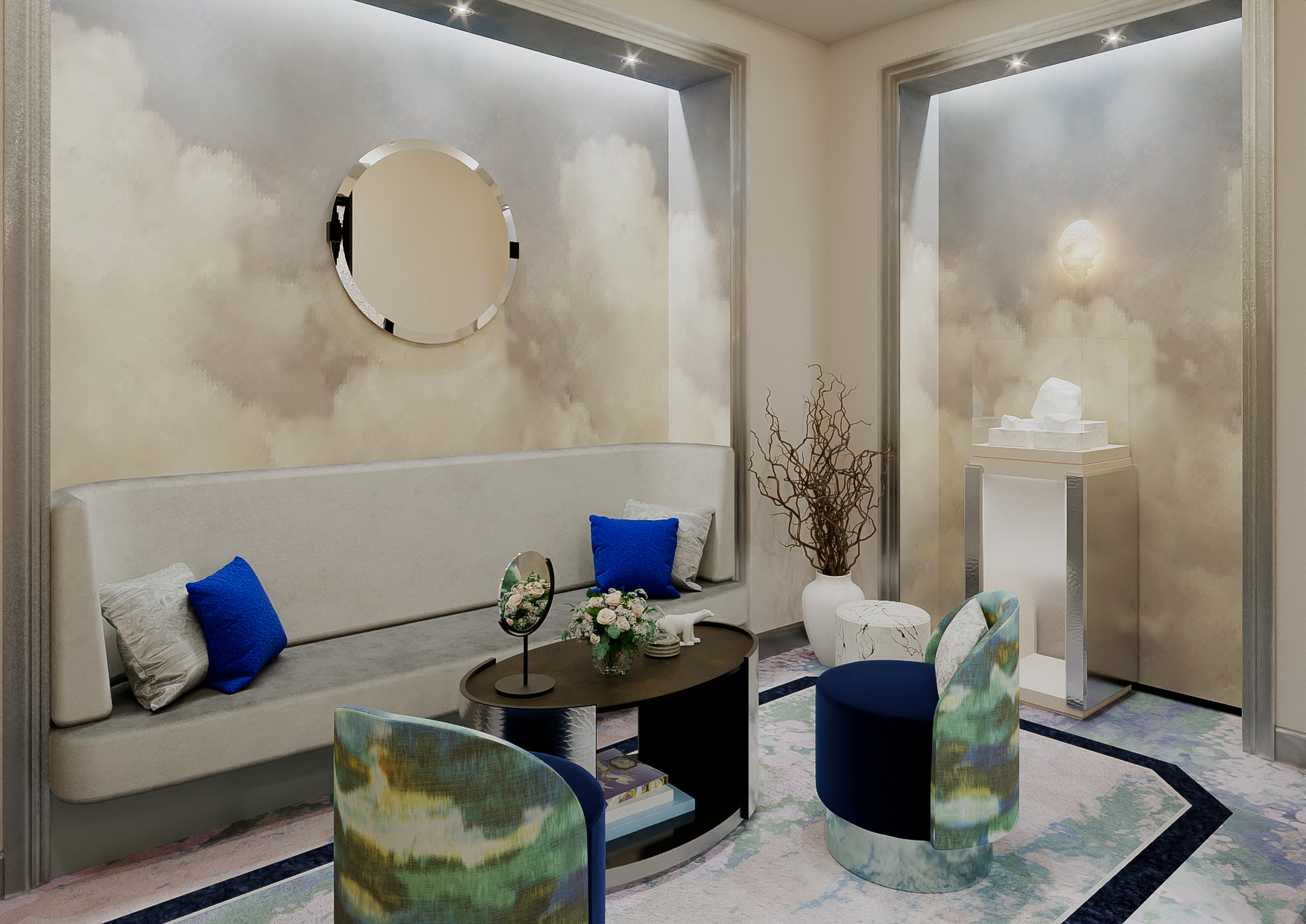 Intérieur contemporain avec canapé, miroir rond, accents bleus, deux chaises et art mural abstrait, projet d'architecture retail de luxe.
