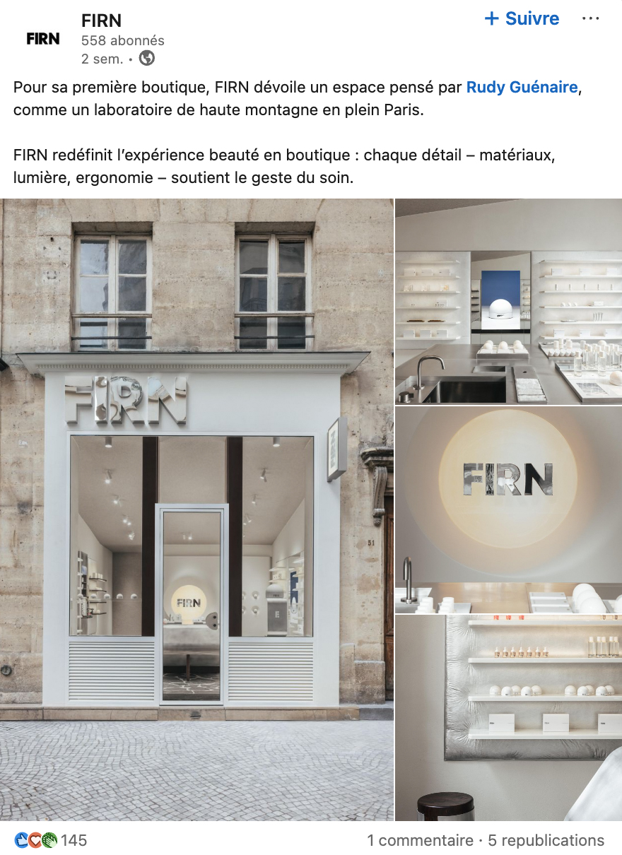 Façade et intérieur minimalistes d'une boutique moderne dans la boutique Firn Montorgueil de Paris.