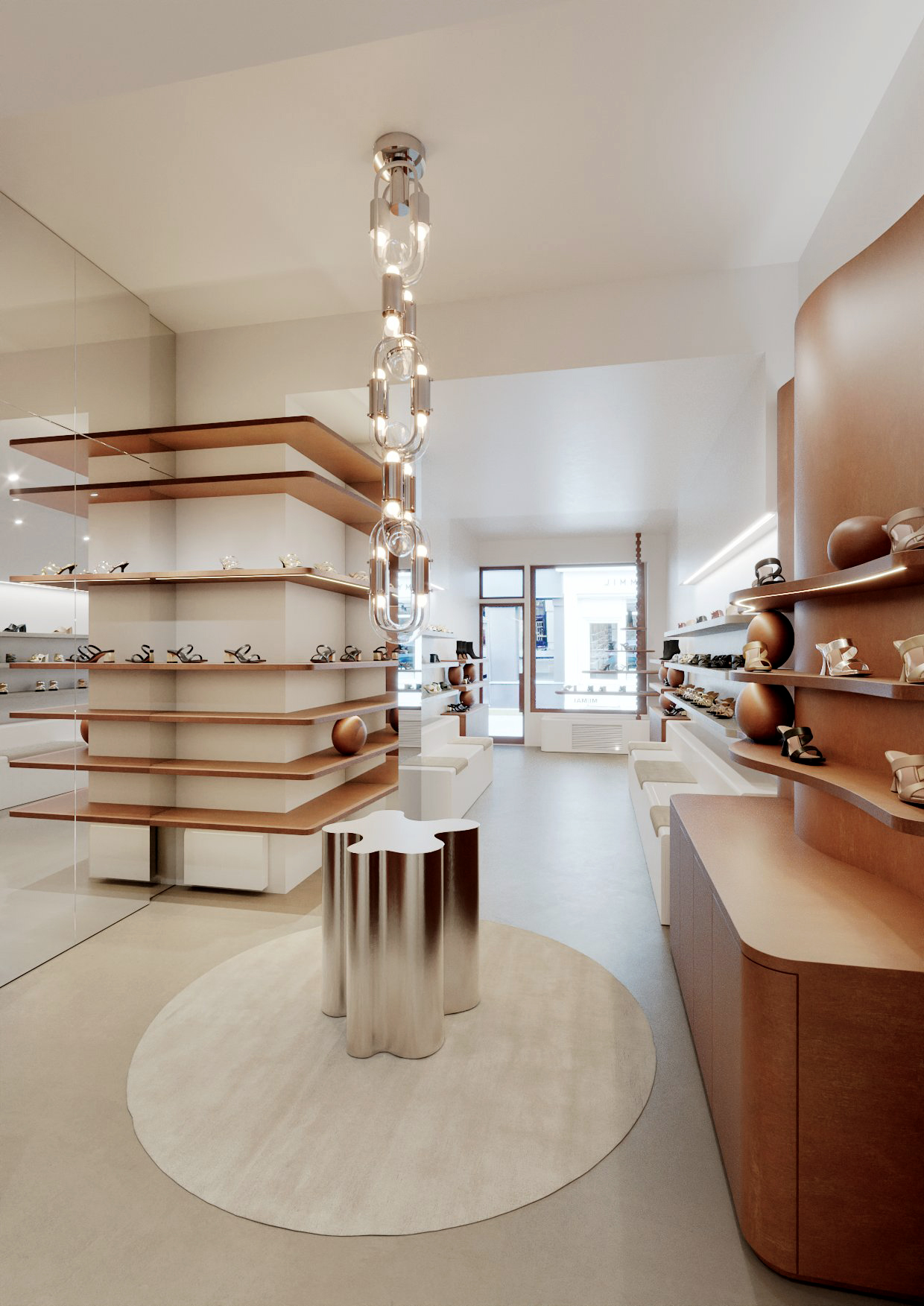 Intérieur moderne avec étagères en bois minimalistes et table métallique sculpturale Veille du Temple MAI, projet d'architecture retail de luxe.