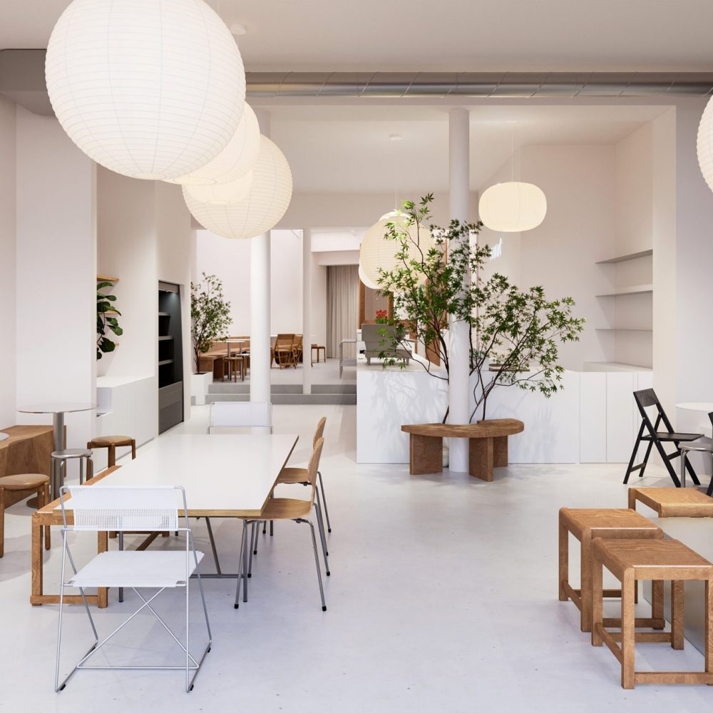 Intérieur moderne avec murs blancs, tables bois, lanternes rondes et plantes, projet d'architecture retail de luxe.