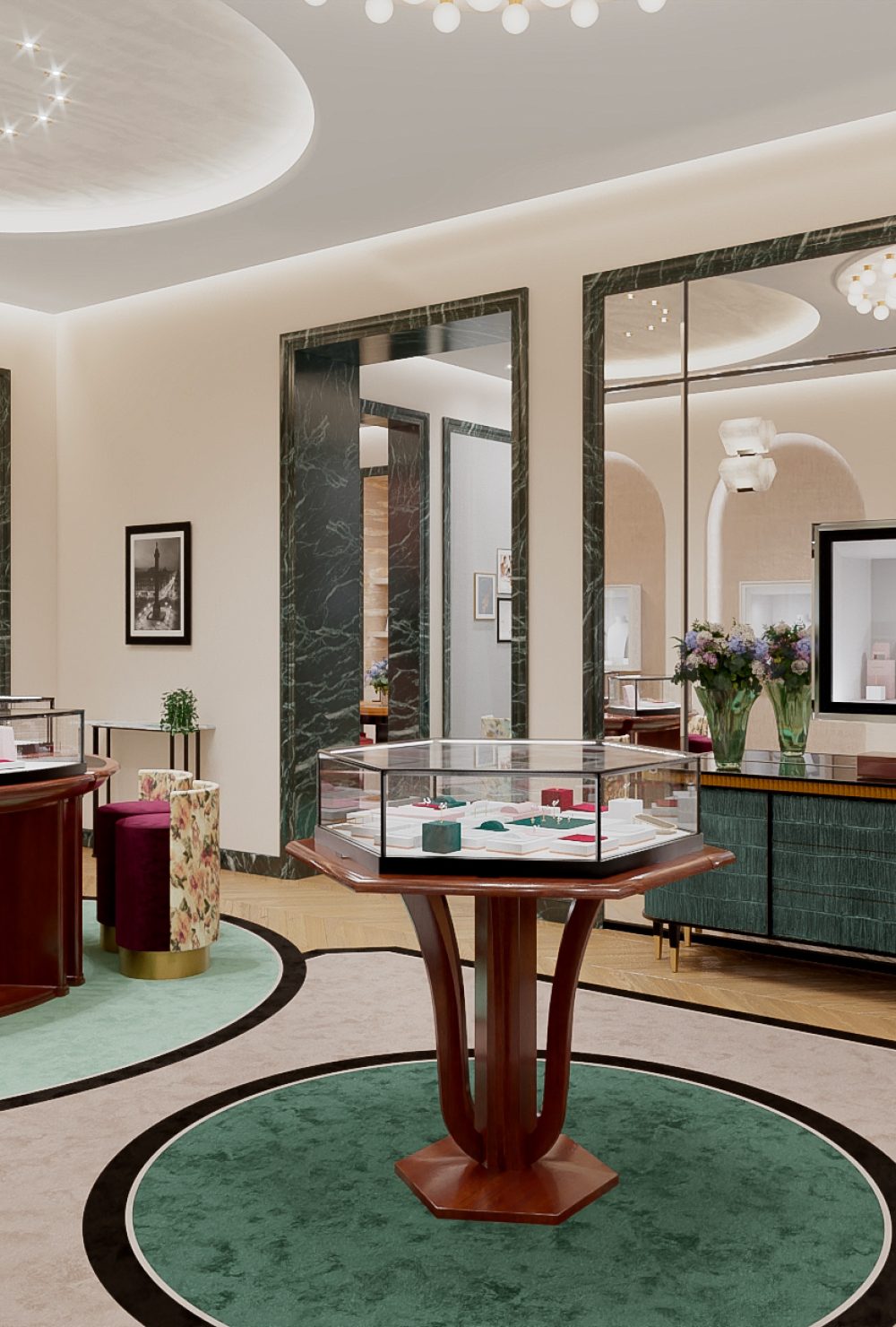 Intérieur moderne avec vitrines, tables rondes et chaises fleuries dans la boutique Boucheron de Seoul.