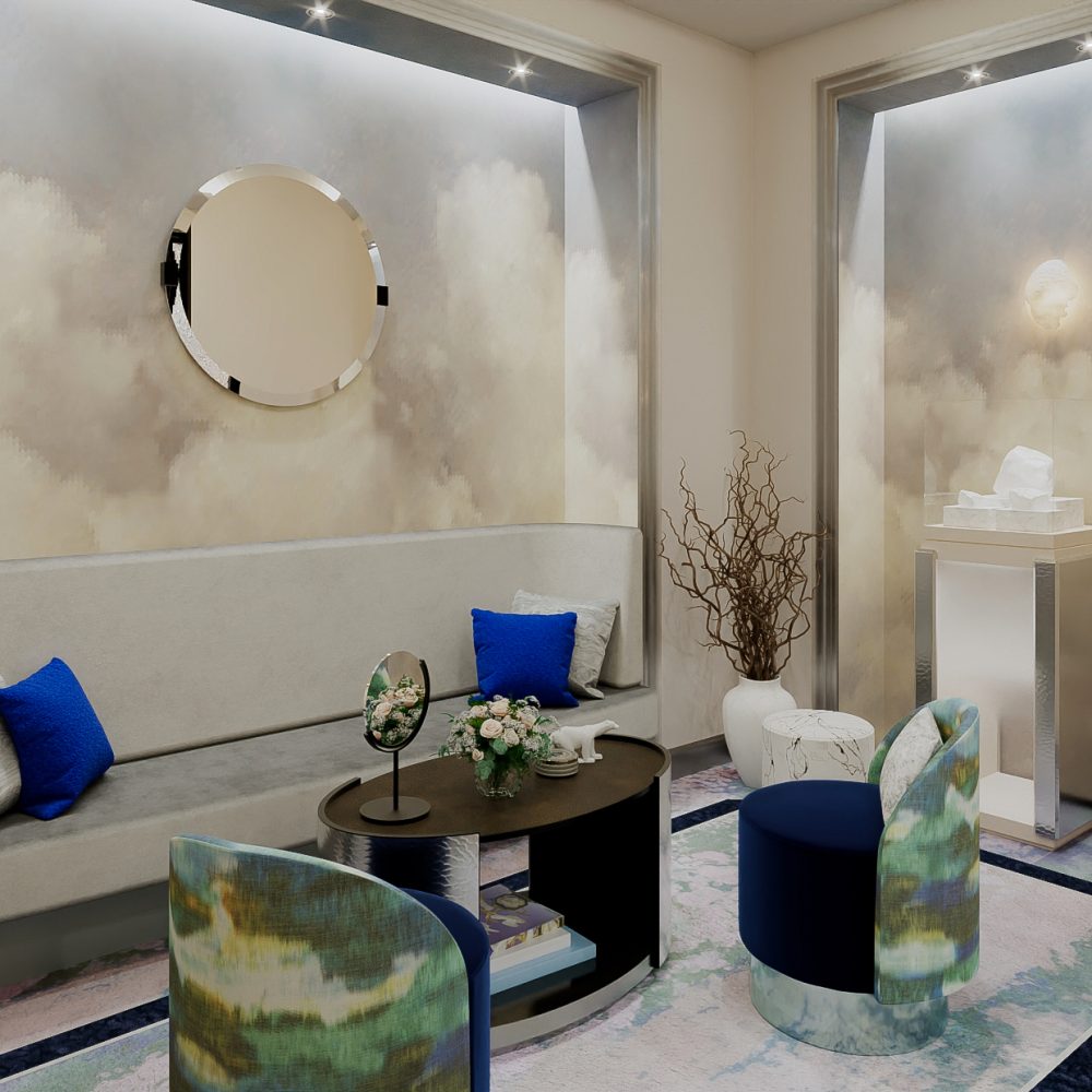 Intérieur contemporain avec canapé, miroir rond, accents bleus, deux chaises et art mural abstrait, projet d'architecture retail de luxe.