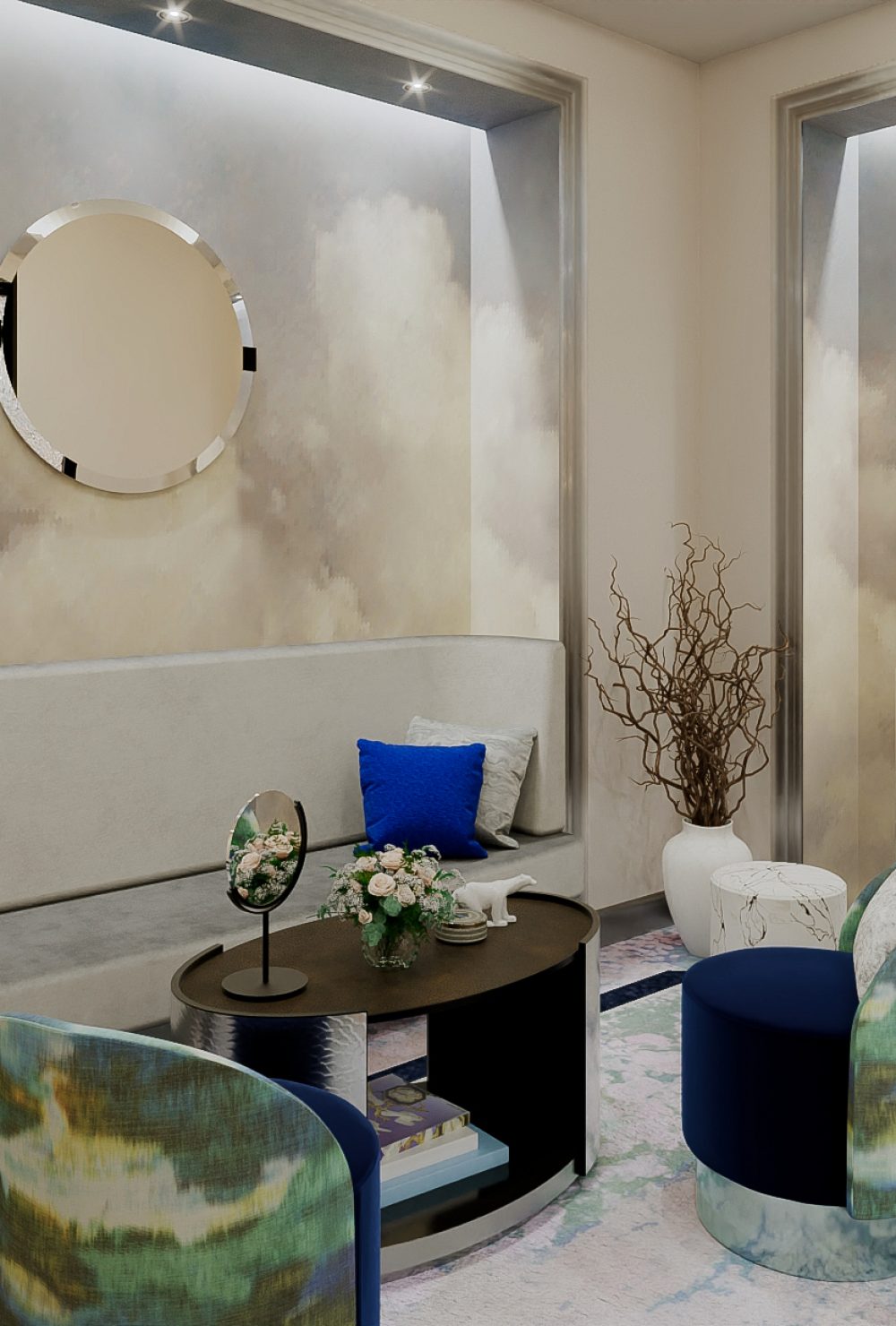 Intérieur contemporain avec canapé, miroir rond, accents bleus, deux chaises et art mural abstrait, projet d'architecture retail de luxe.