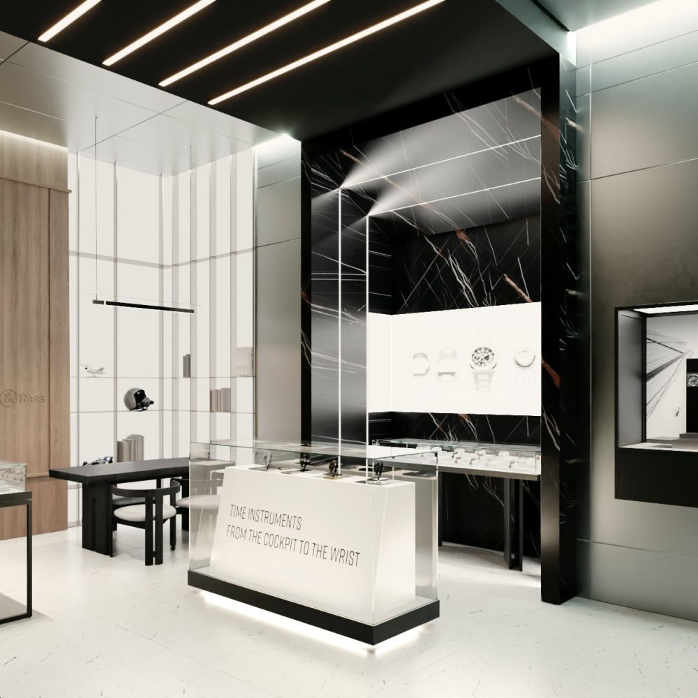 Intérieur moderne avec vitrines en verre, murs noirs et blancs, éclairage éclatant, projet d'architecture retail de luxe.