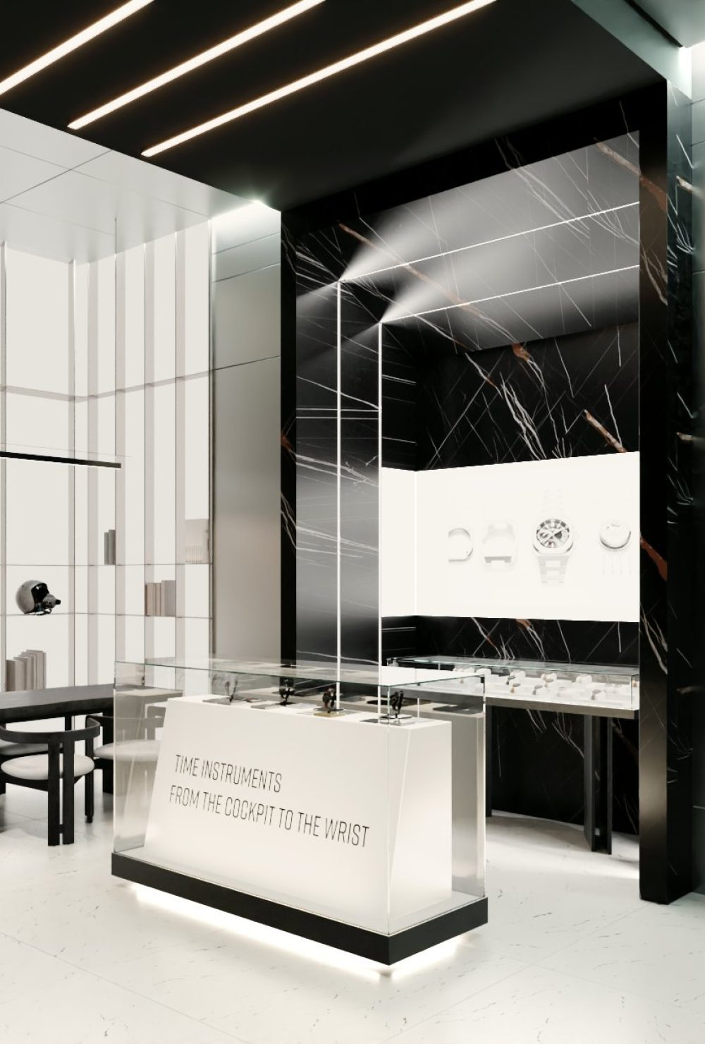 Intérieur moderne avec vitrines en verre, murs noirs et blancs, éclairage éclatant, projet d'architecture retail de luxe.