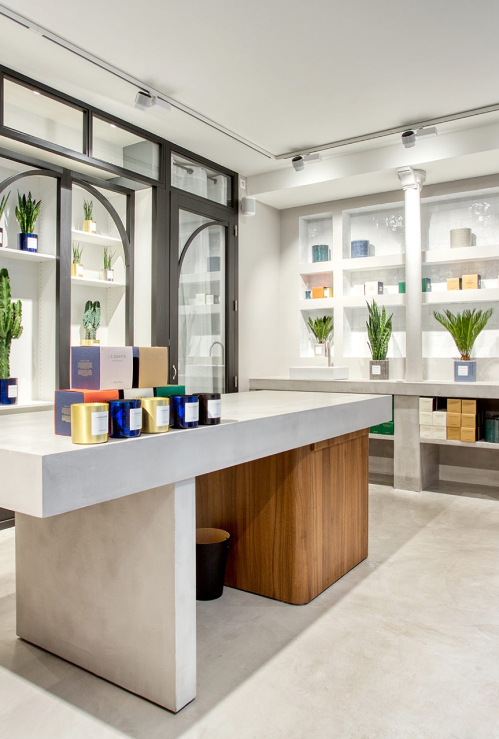 Intérieur moderne avec tables en béton, plantes et boîtes colorées sur étagères, projet d'architecture retail de luxe.