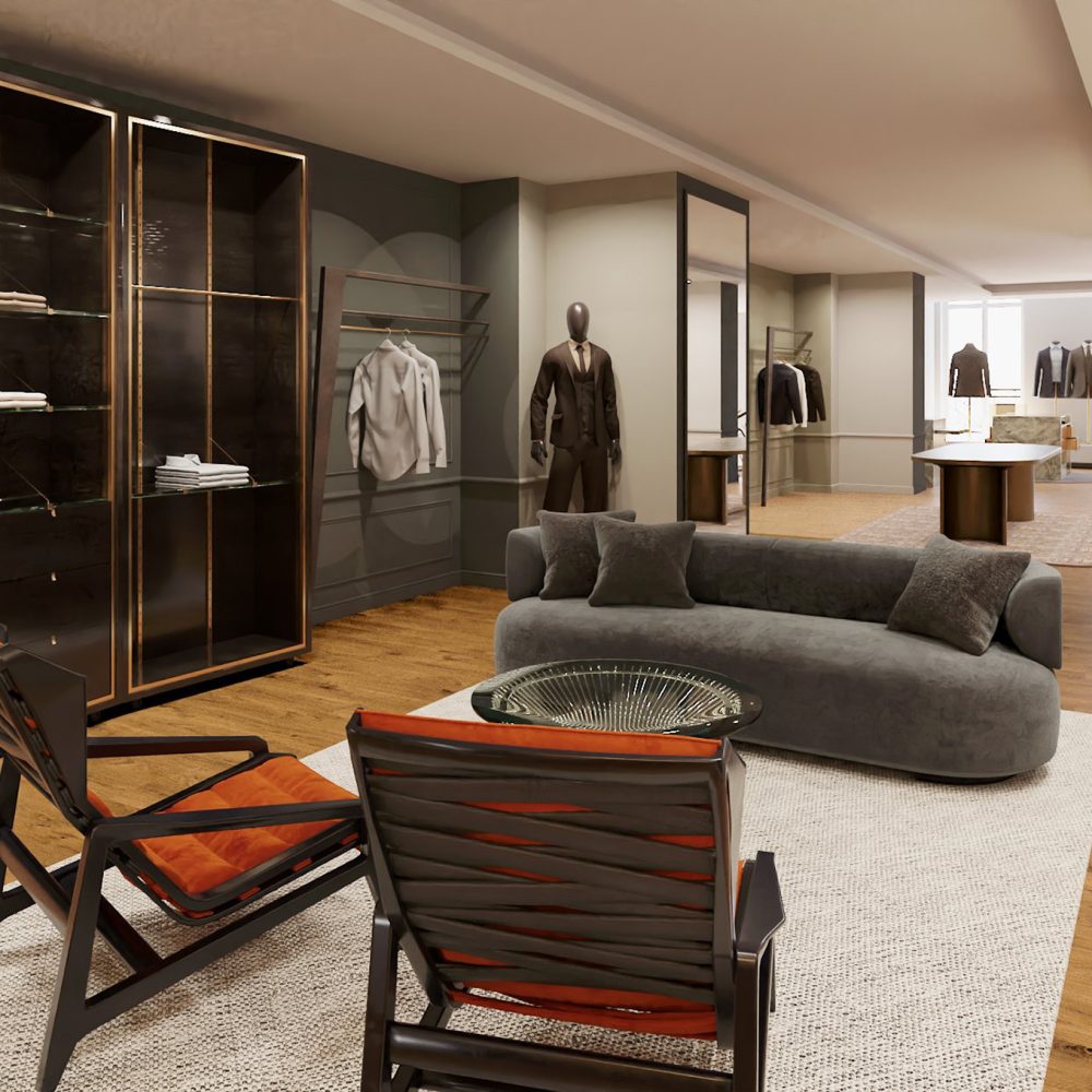 Showroom intérieur spacieux avec mannequins en costume, étagères et mobilier moderne sur parquet, projet d'architecture retail de luxe.