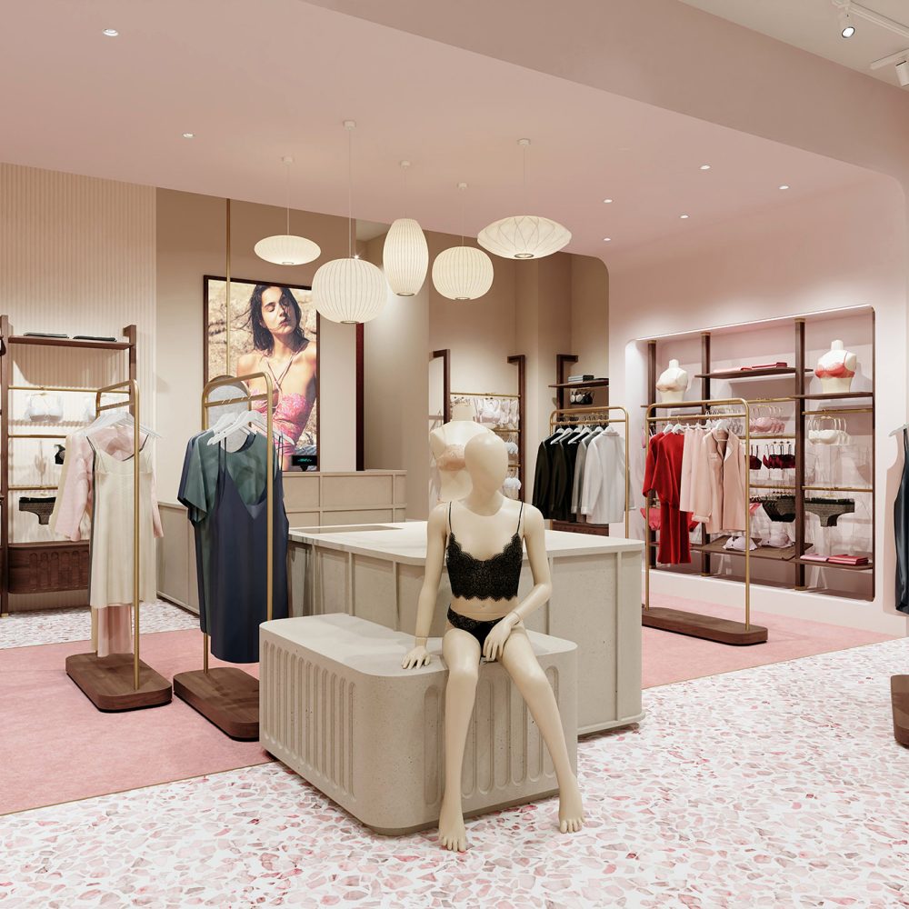 Un espace entièrement rose du sol au plafond sépare l'intérieur de la boutique Simone Pérèle à Dubaï.