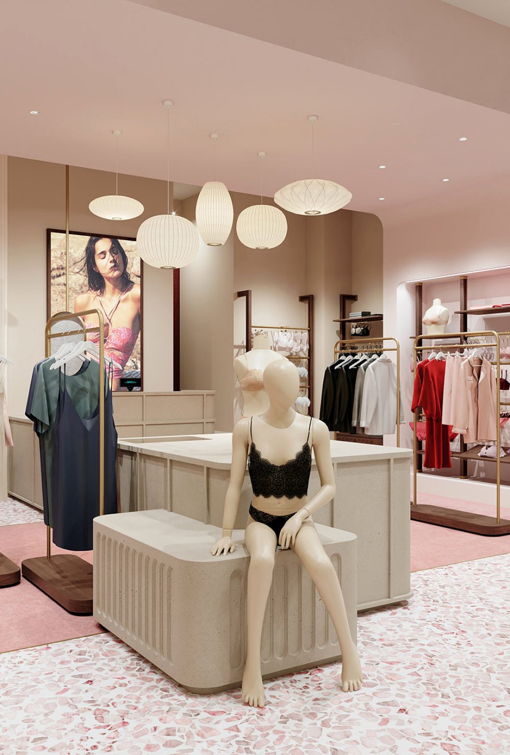 Un espace entièrement rose du sol au plafond sépare l'intérieur de la boutique Simone Pérèle à Dubaï.
