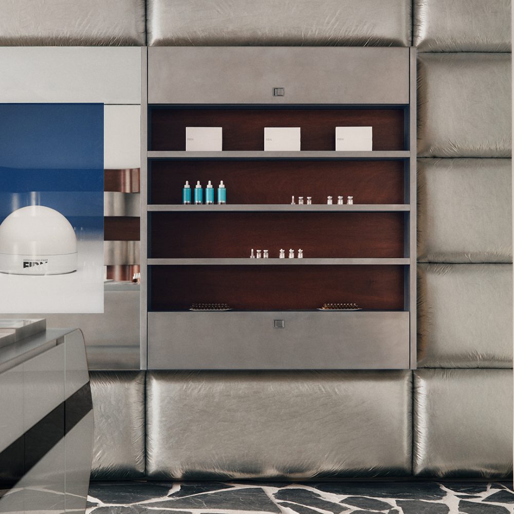 Intérieur minimaliste avec étagères et flacons FIRN sur un mur capitonné, comptoirs épurés, projet d'architecture retail de luxe.