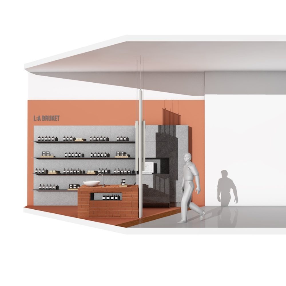 Vue 3d du corner L:A Bruket à Stockholm montrant un comptoir en bique avec une vasque devant un linéaire au fond gris.
