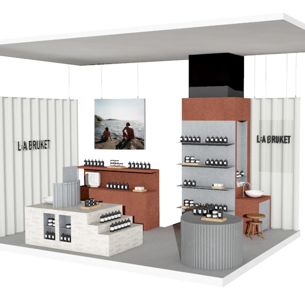 Représentation 3d d'un corner pour l'enseigne de produits de soin L:A Bruket à Taïwan .